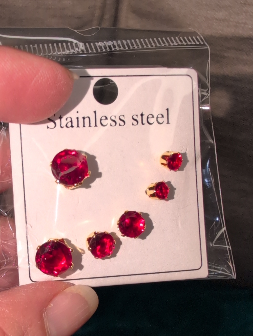 Stainless Steel Gold-Tone Earrings with Red Gemstones - Set of 6